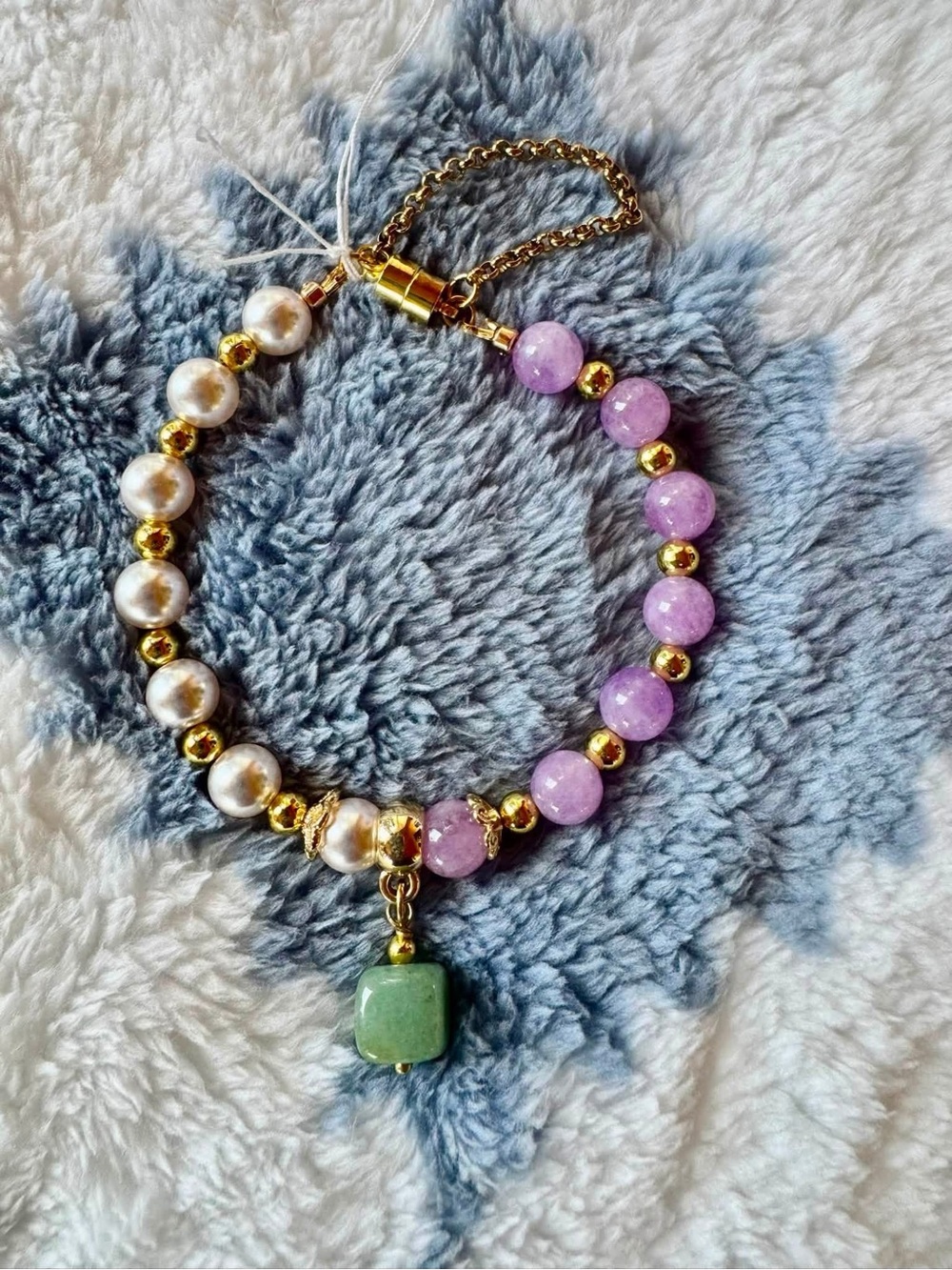Gold-Plated Pearl & Lavender Bead Bracelet with Green Stone Charm